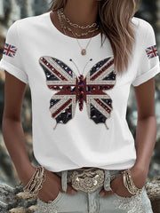 Women's British imitation diamond hot-drilling Printed Iron On Short Sleeve T-Shirt