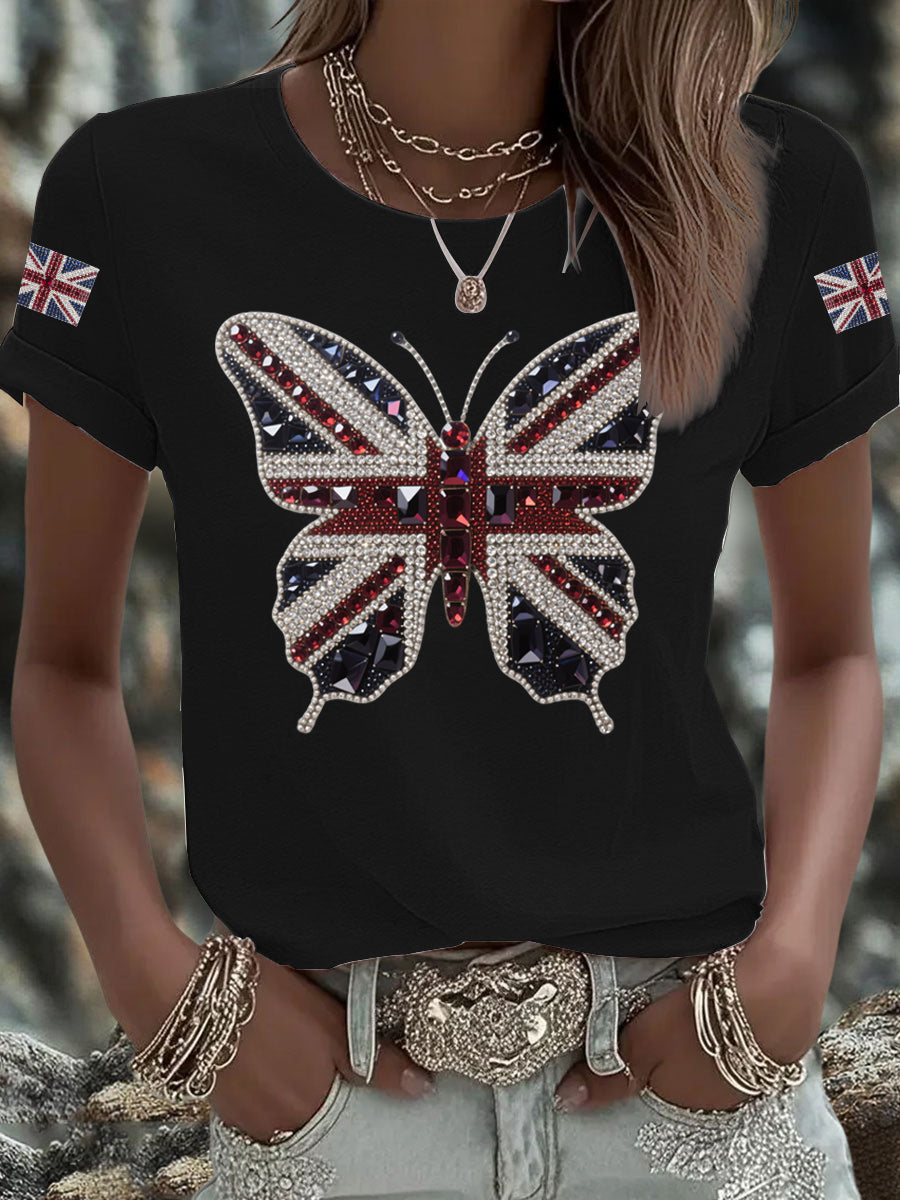 Women's British imitation diamond hot-drilling Printed Iron On Short Sleeve T-Shirt-1