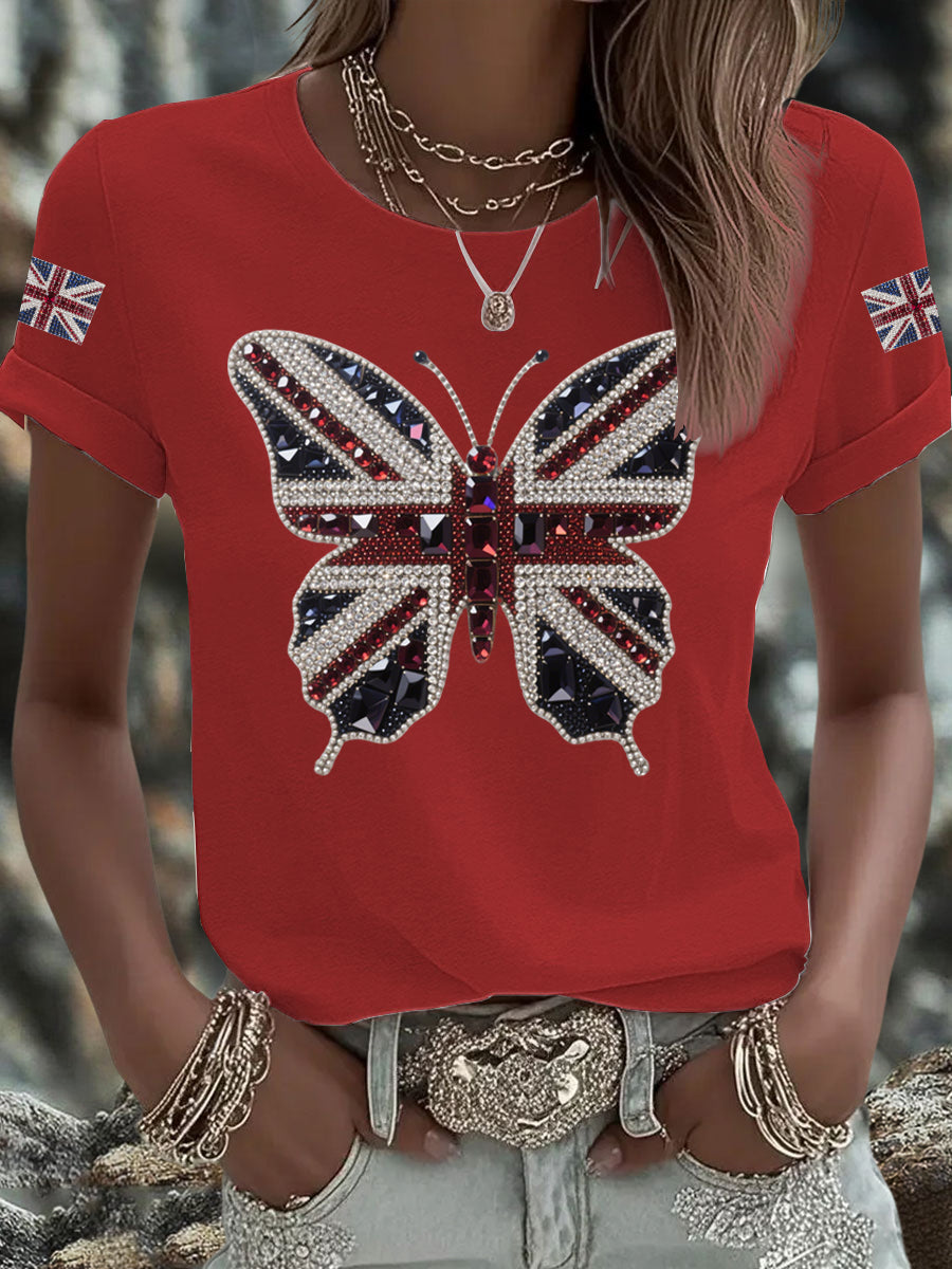 Women's British imitation diamond hot-drilling Printed Iron On Short Sleeve T-Shirt-2
