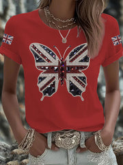 Women's British imitation diamond hot-drilling Printed Iron On Short Sleeve T-Shirt-2