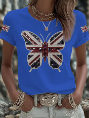Women's British imitation diamond hot-drilling Printed Iron On Short Sleeve T-Shirt-3