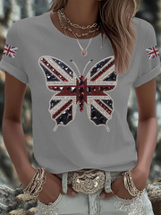 Women's British imitation diamond hot-drilling Printed Iron On Short Sleeve T-Shirt-4
