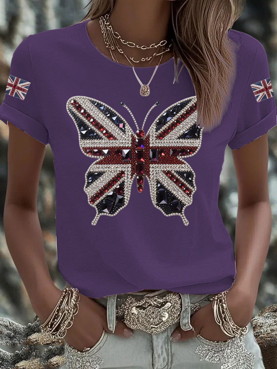 Women's British imitation diamond hot-drilling Printed Iron On Short Sleeve T-Shirt-5
