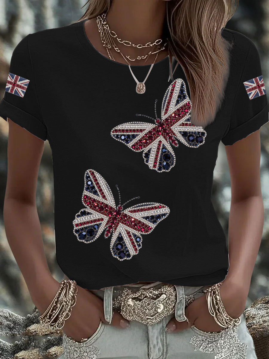 Women's British imitation diamond hot-drilling Printed Iron On Short Sleeve T-Shirt-1