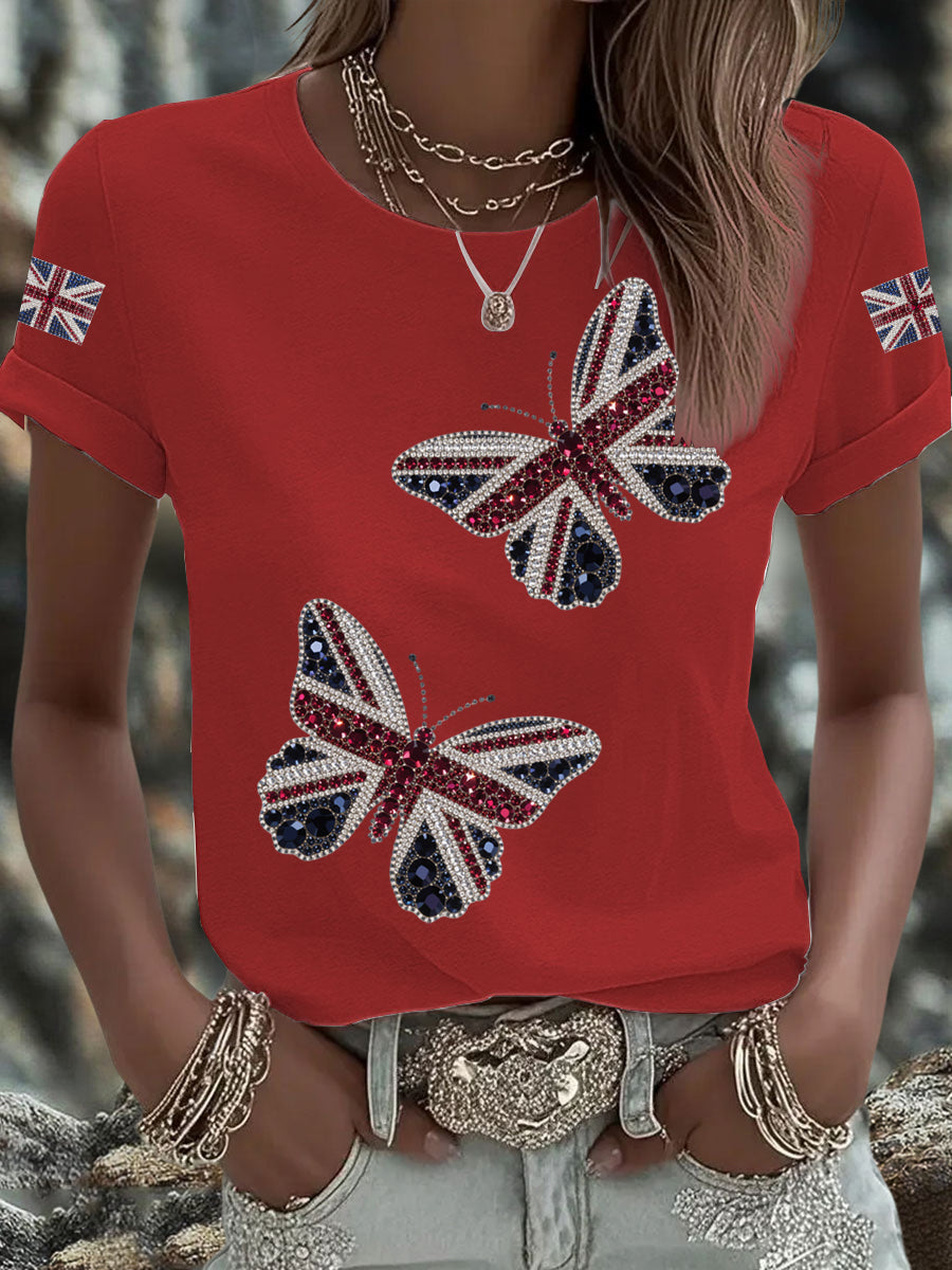 Women's British imitation diamond hot-drilling Printed Iron On Short Sleeve T-Shirt-2