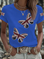 Women's British imitation diamond hot-drilling Printed Iron On Short Sleeve T-Shirt-3