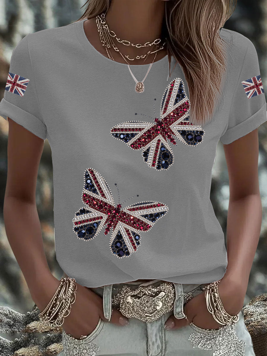 Women's British imitation diamond hot-drilling Printed Iron On Short Sleeve T-Shirt-4