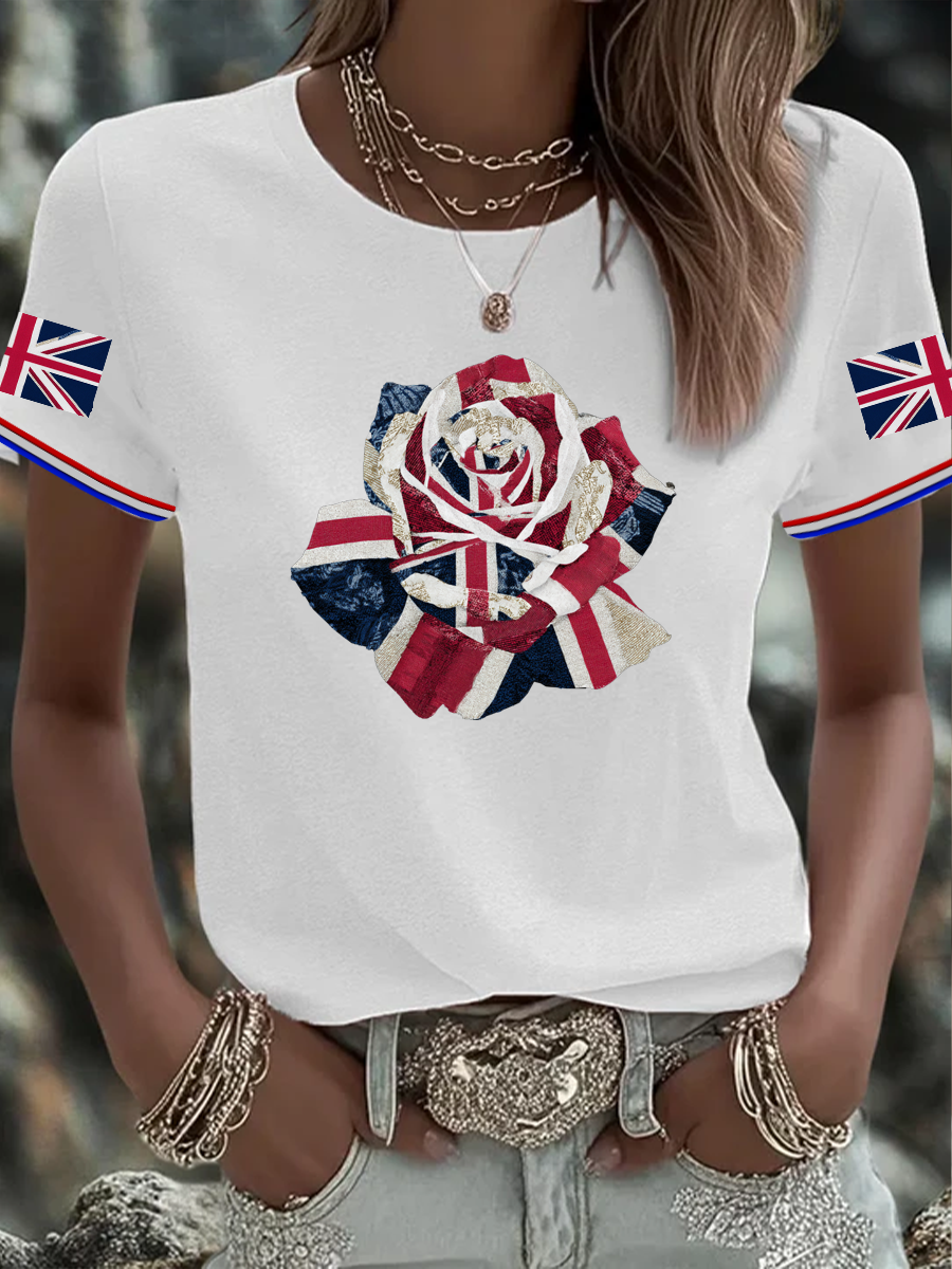 Women's English Patchwork Rose Printed short-sleeved T-shirt-3
