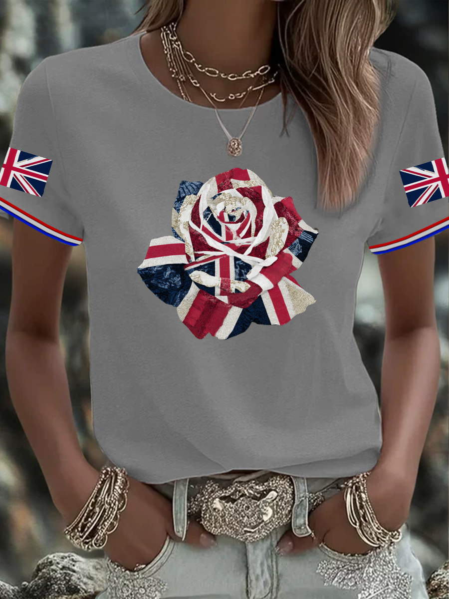 Women's English Patchwork Rose Printed short-sleeved T-shirt-2