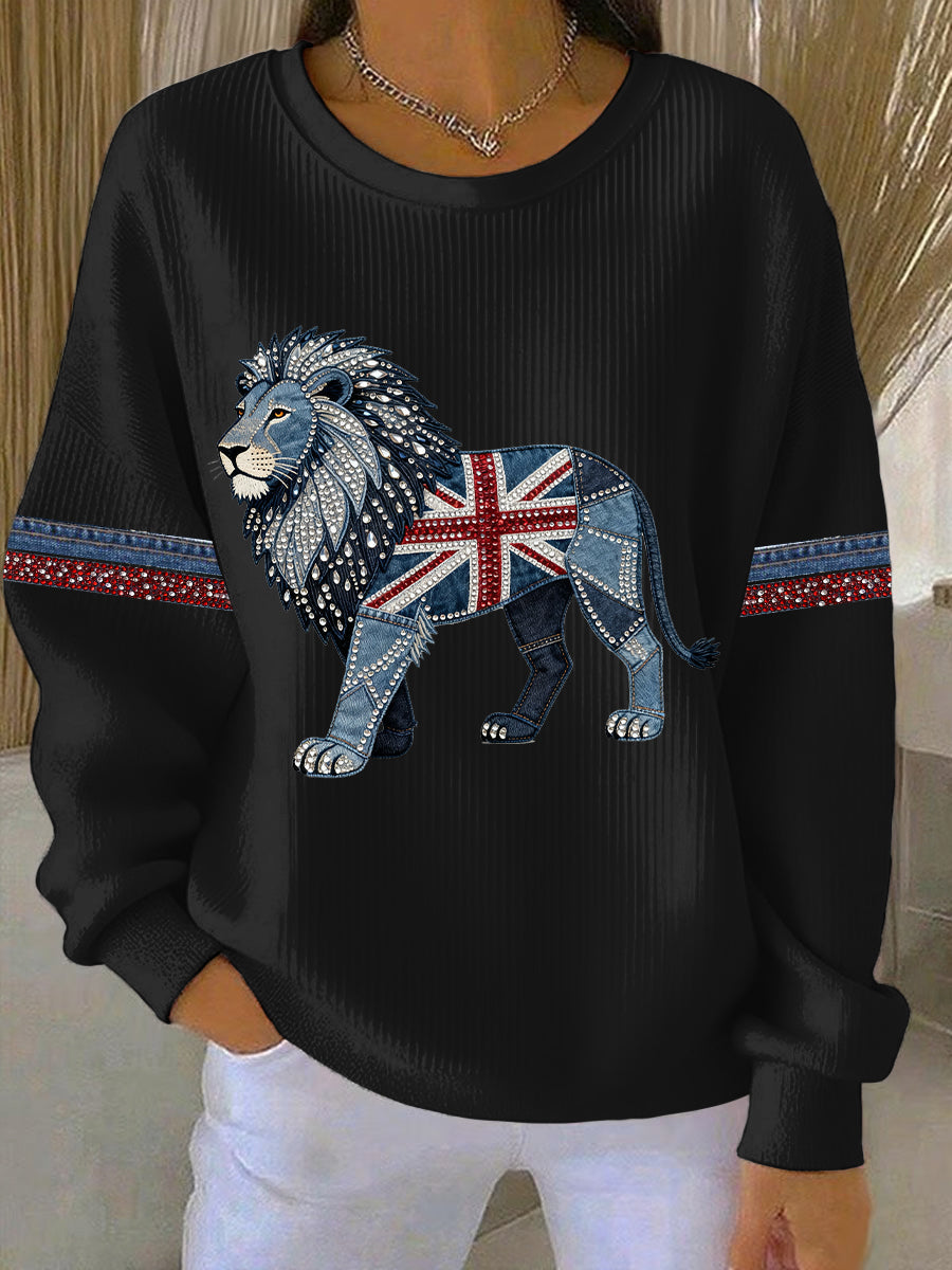 Women's British Faux Denim Print Casual Sweatshirt-1