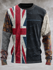 Men's British Flag Patchwork Printed long sleeve round neck T-shirt
