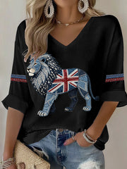 Women's British Faux Denim Printed Casual T-shirt-1