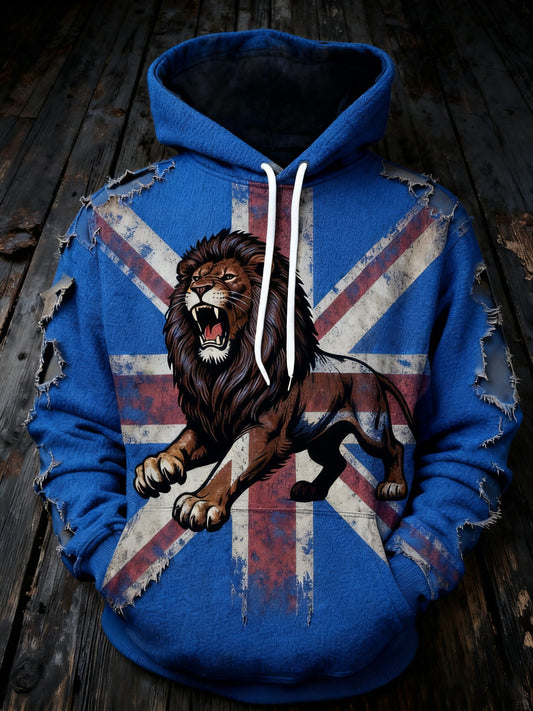 Men's Vintage England Flag Lion Printed Hoodie