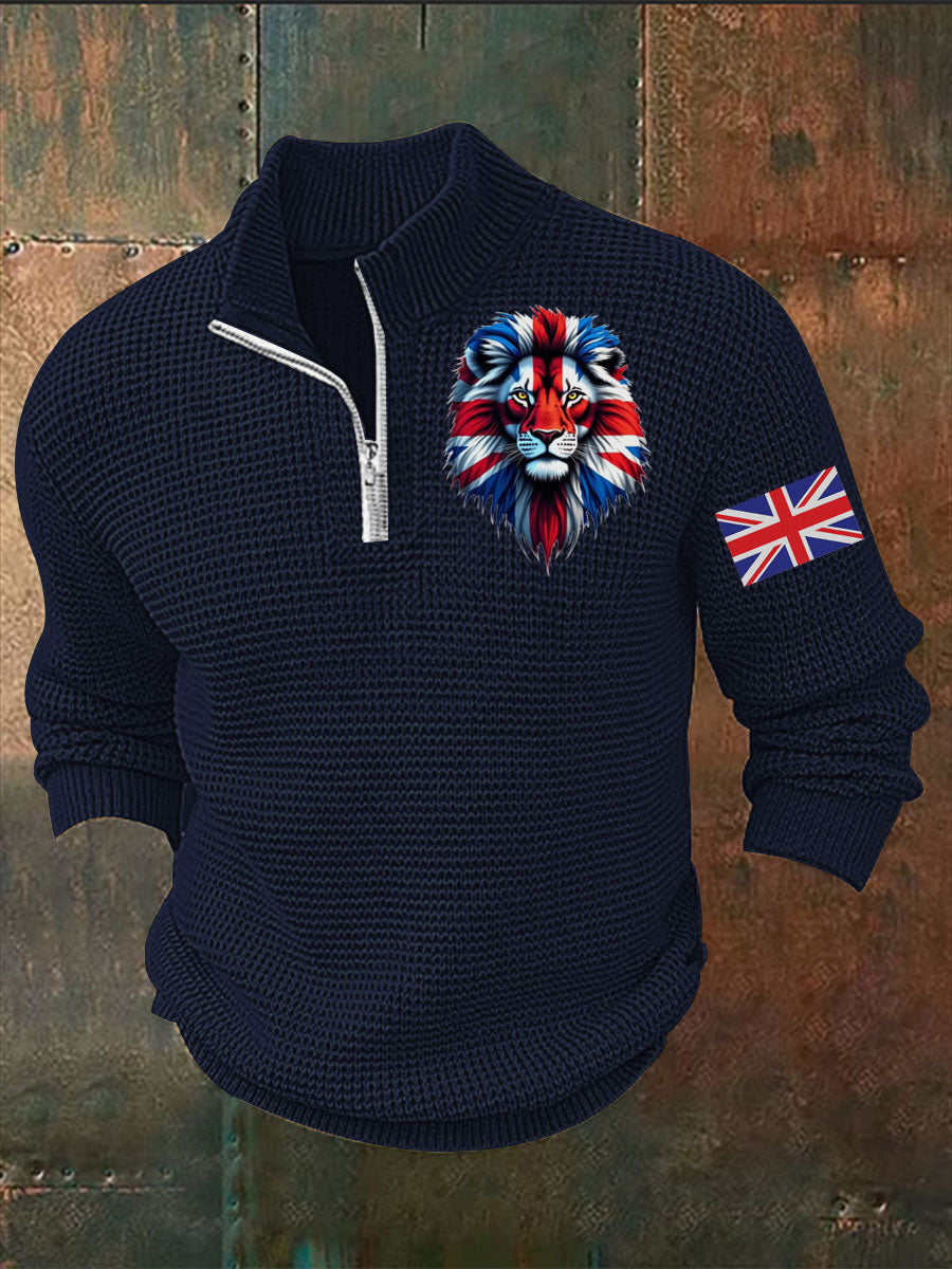 Men's Vintage England Flag Lion Printed Sweater-5