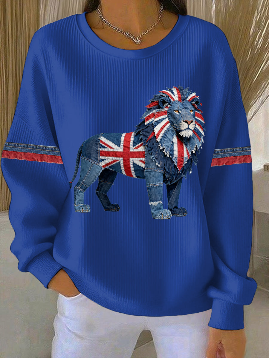 Women's British Faux Denim Print Casual Sweatshirt-3