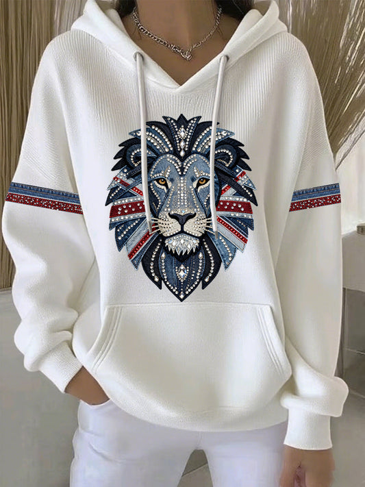 Women's British Faux Denim Print Casual Hoodie