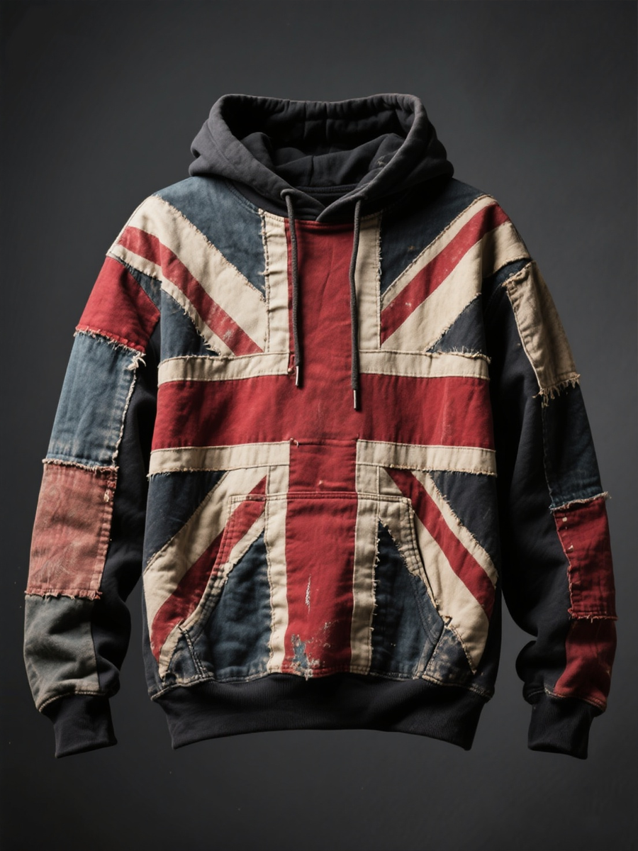 Unisex Union Jack and patchwork style Printed Oversized Drop-Shoulder Hoodie with Pockets