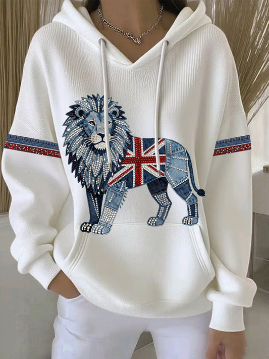 Women's British Faux Denim Print Casual Hoodie