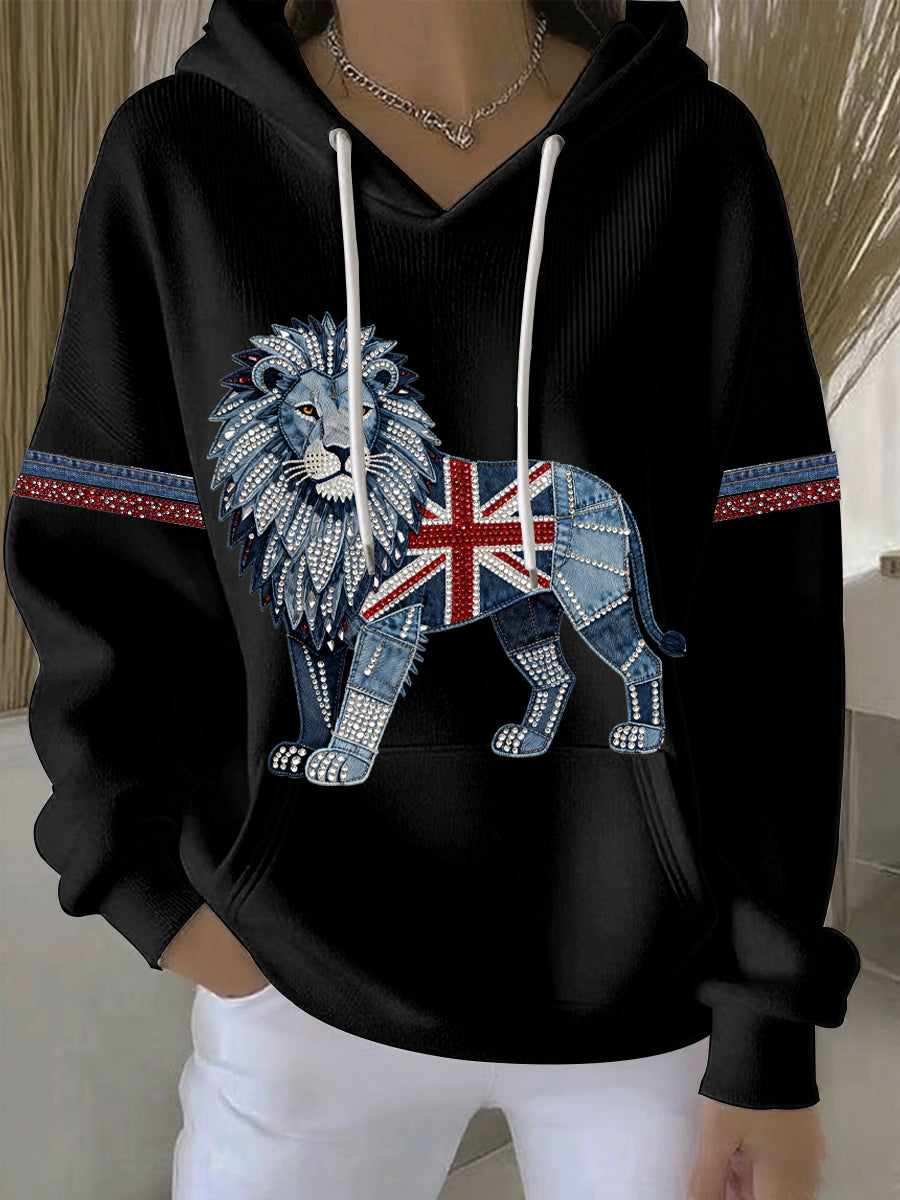 Women's British Faux Denim Print Casual Hoodie-1