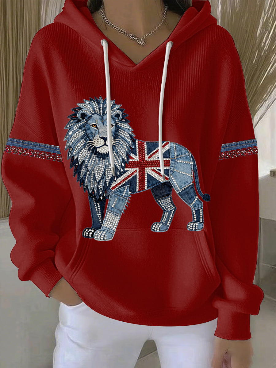 Women's British Faux Denim Print Casual Hoodie-2