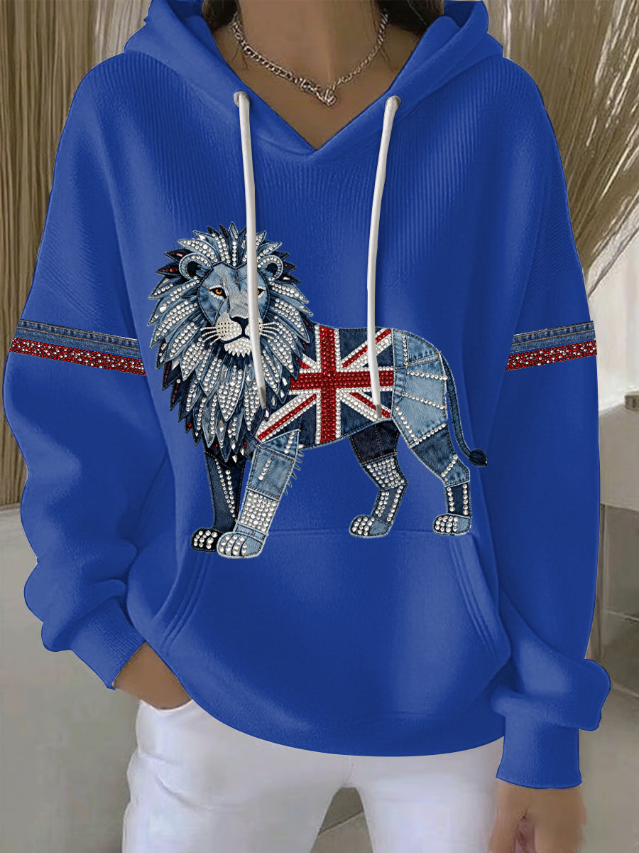 Women's British Faux Denim Print Casual Hoodie-3