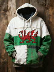 Unisex Welsh flag and patchwork style Printed Oversized Drop-Shoulder Hoodie with Pockets