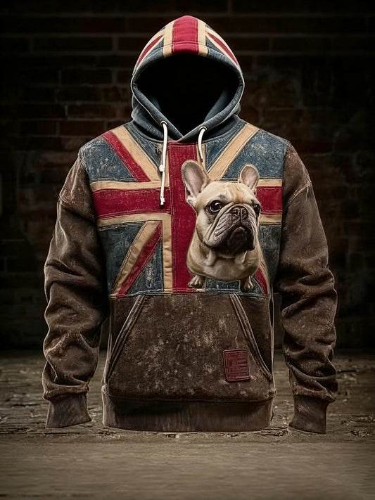 Men's Vintage England Flag French Bulldog Printed Hoodie
