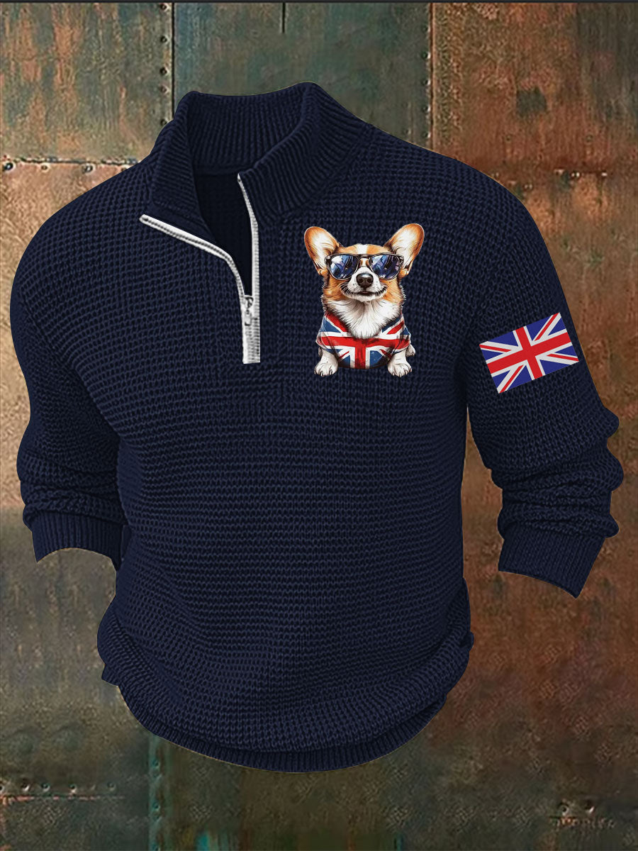 Men's Vintage England Flag Dog Printed Sweater-1