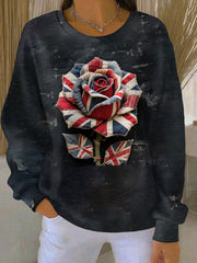 Women's British Rose Printed Ribbed Round-Neck Sweatshirt