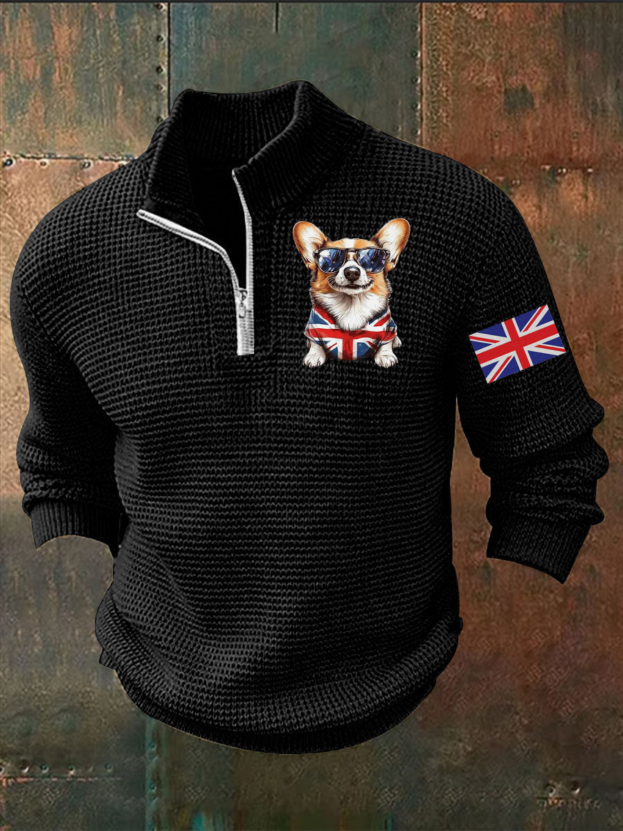 Men's Vintage England Flag Dog Printed Sweater-2