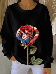Women's British Rose Printed Ribbed Round-Neck Sweatshirt-1