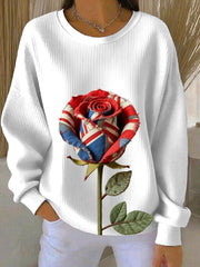 Women's British Rose Printed Ribbed Round-Neck Sweatshirt-2