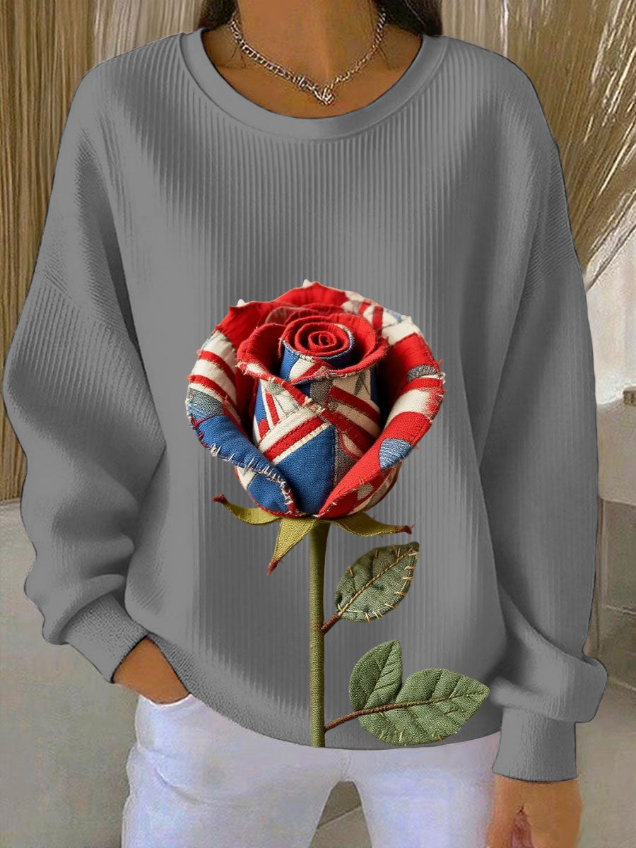 Women's British Rose Printed Ribbed Round-Neck Sweatshirt-3