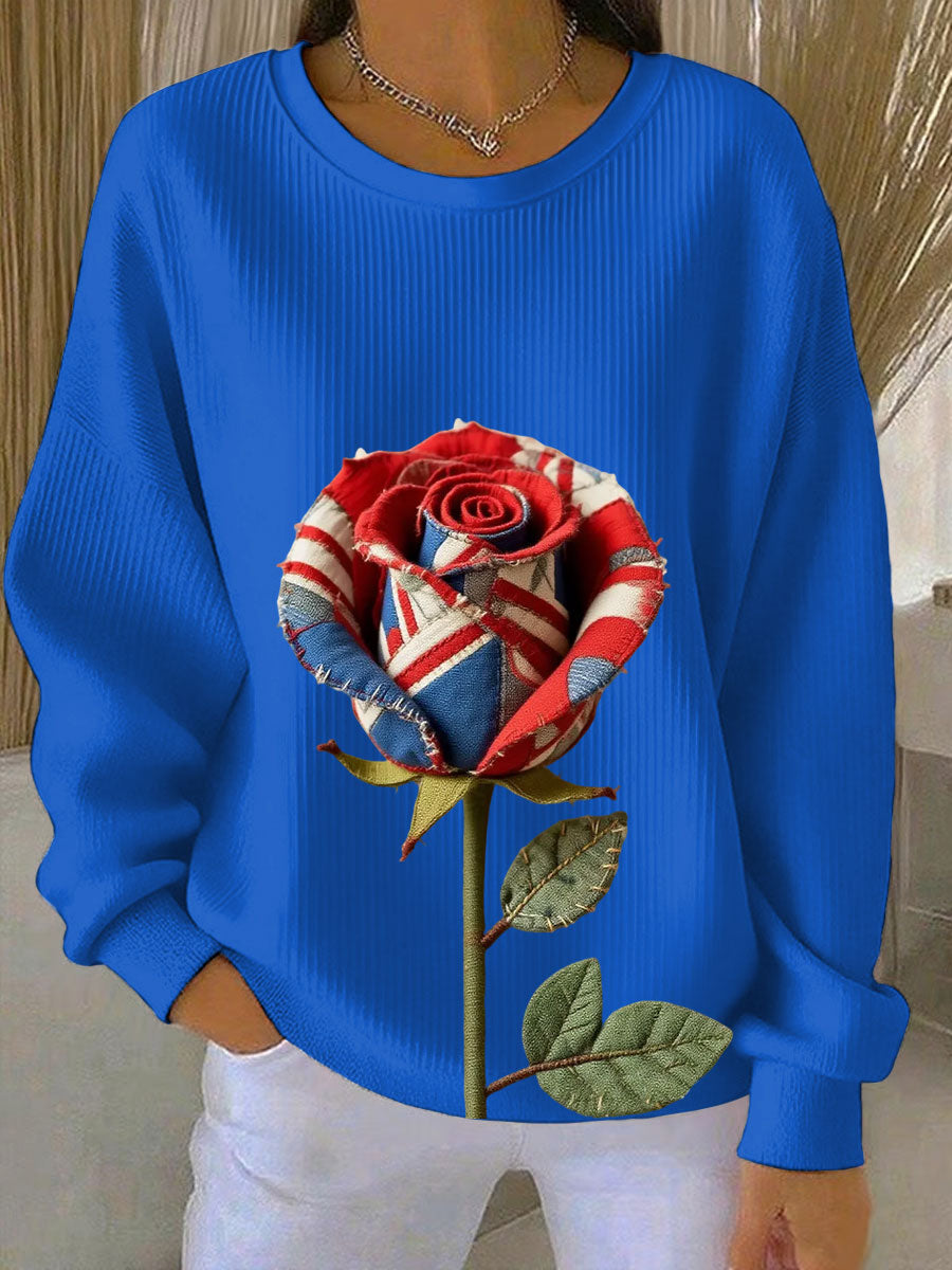 Women's British Rose Printed Ribbed Round-Neck Sweatshirt-4