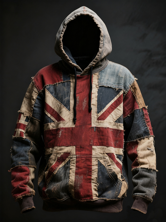 Unisex Union Jack and patchwork style Printed Oversized Drop-Shoulder Hoodie with Pockets