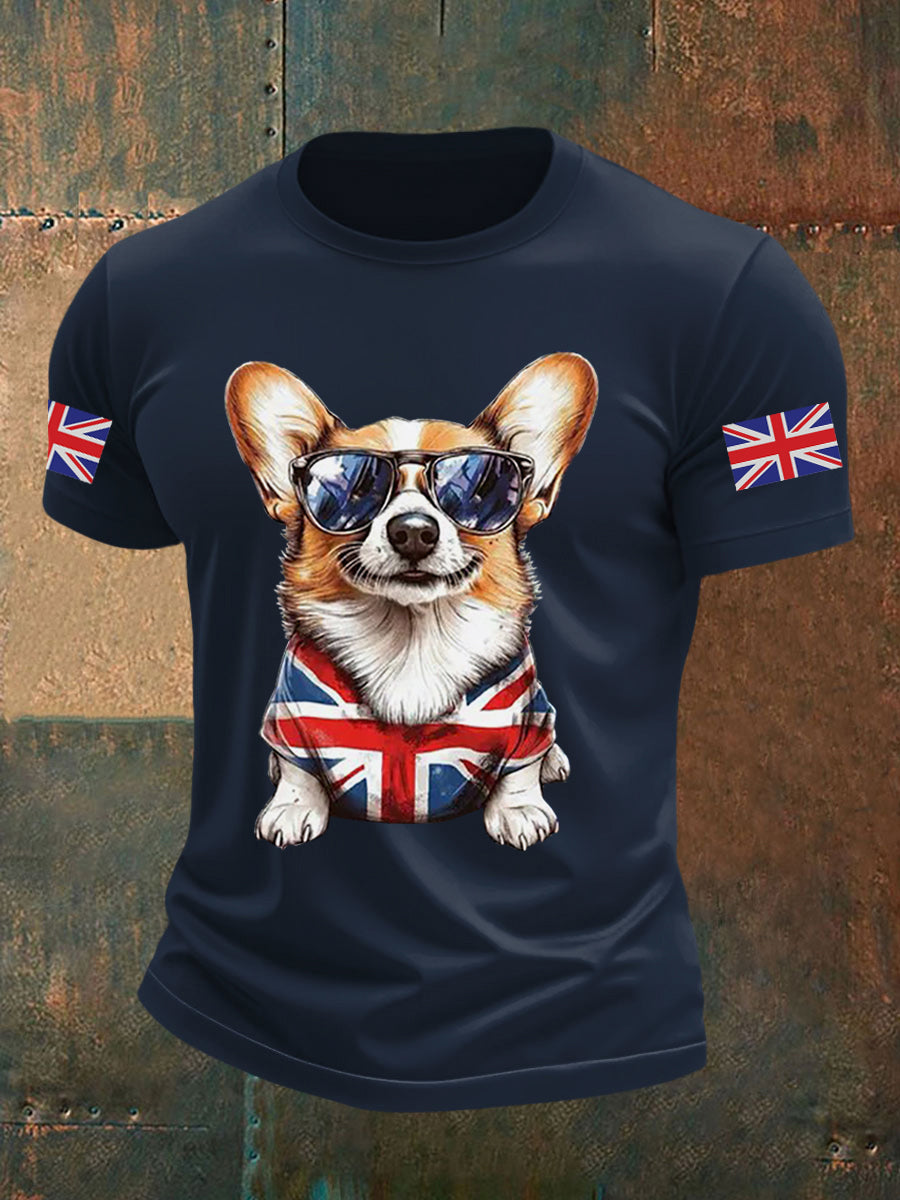 Men's Vintage England Flag Dog Printed T-shirt-2
