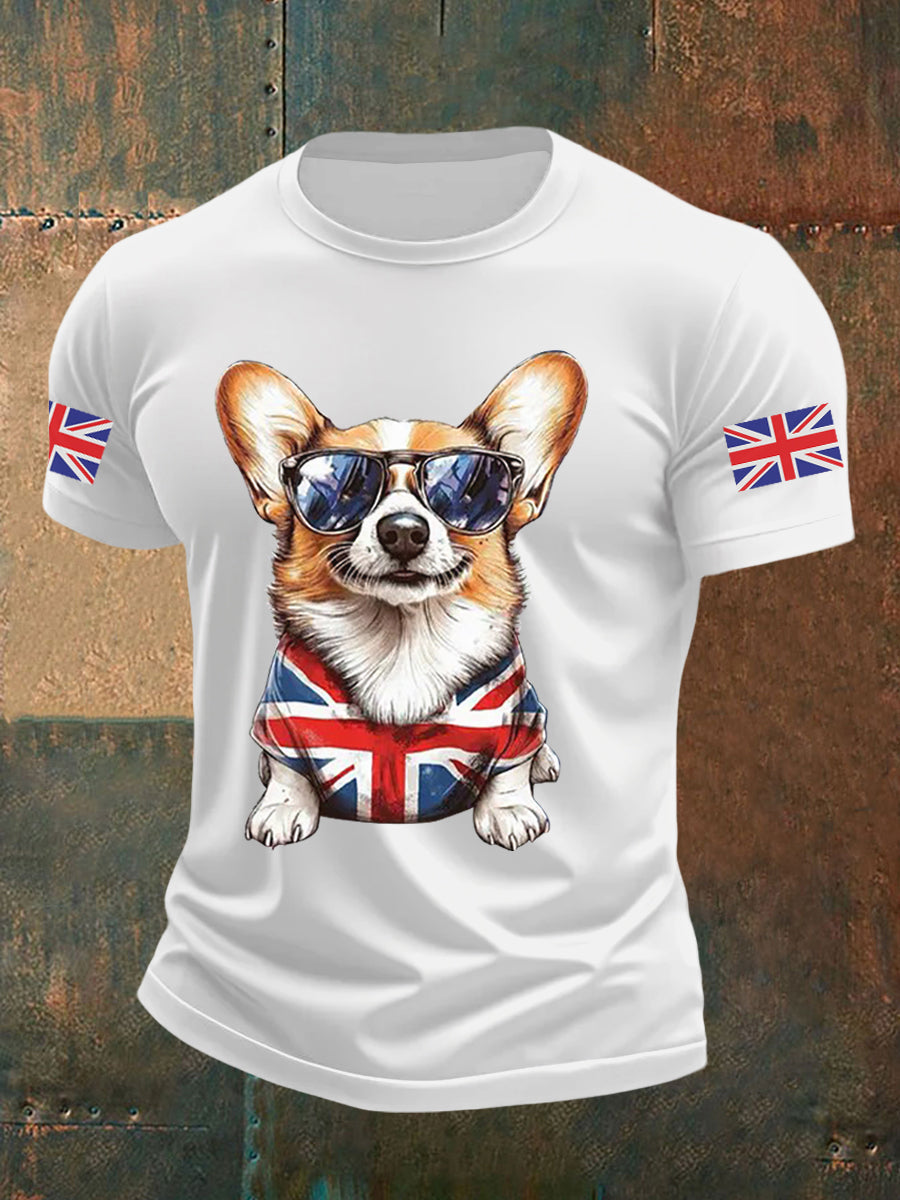 Men's Vintage England Flag Dog Printed T-shirt-1