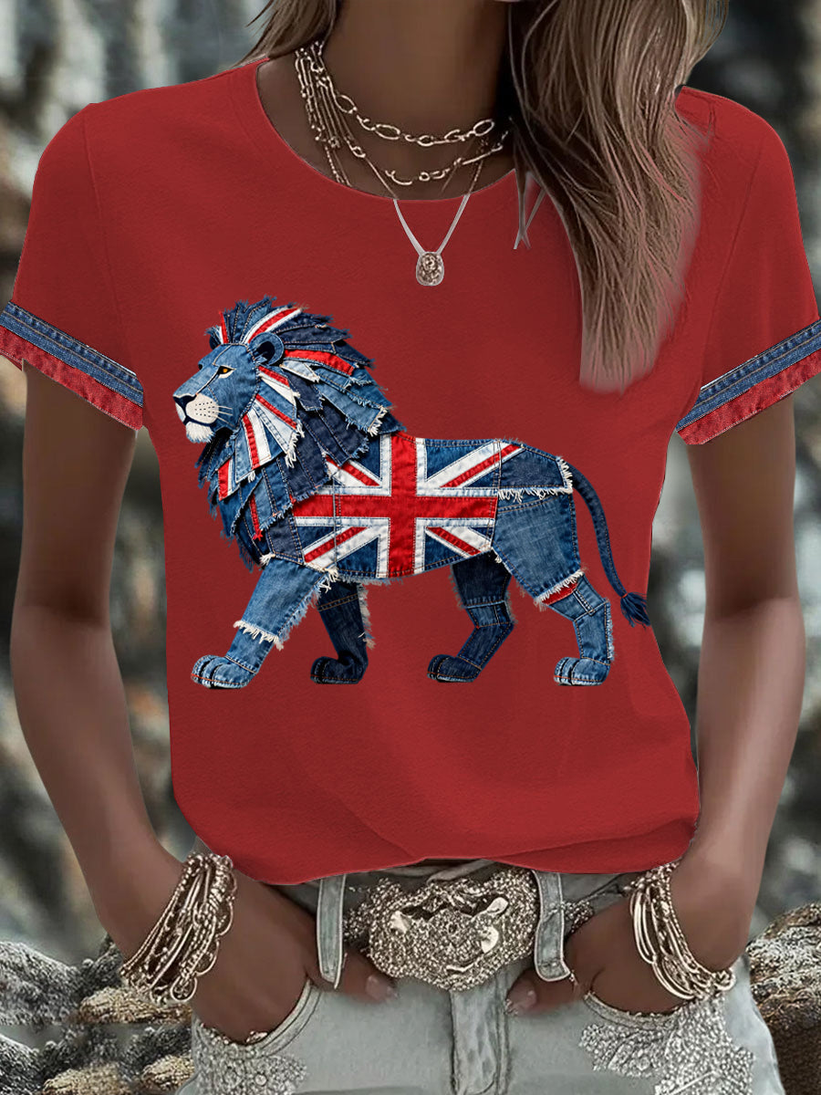 Women's British Faux Denim Printed T-shirt-2