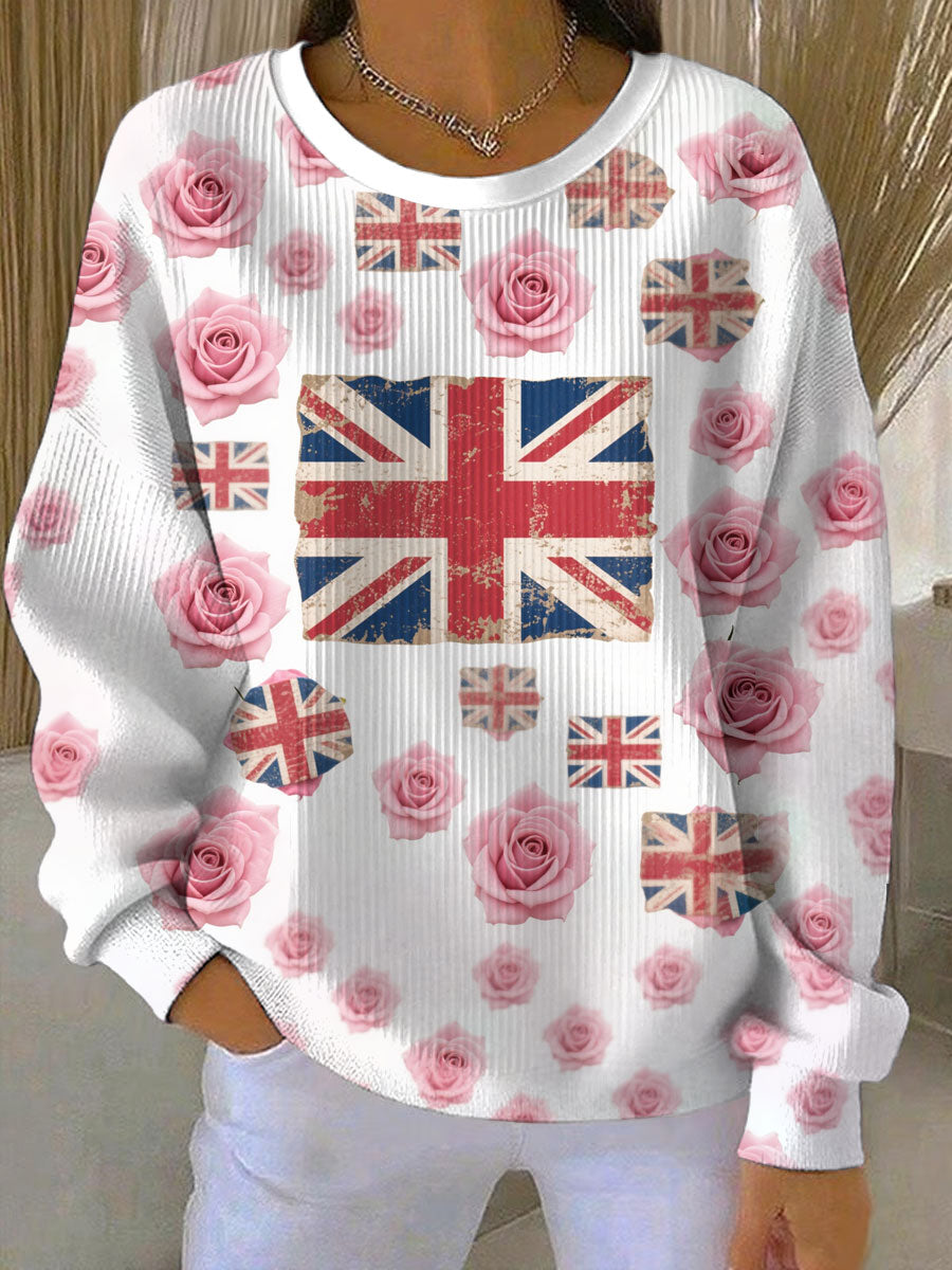 Women's British Rose Printed Ribbed Round-Neck Sweatshirt