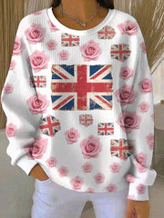 Women's British Rose Printed Ribbed Round-Neck Sweatshirt