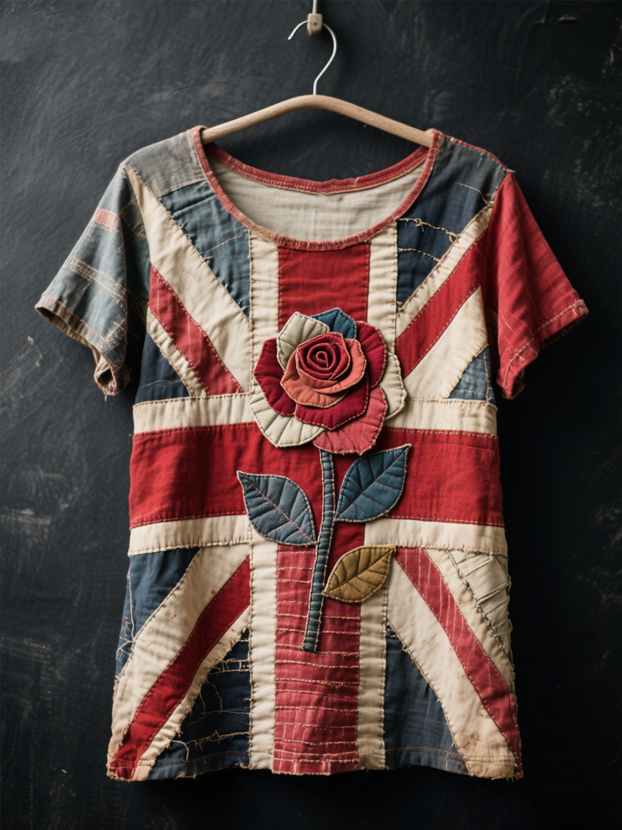 Women's british patchwork Rose Printed short-sleeved T-shirt