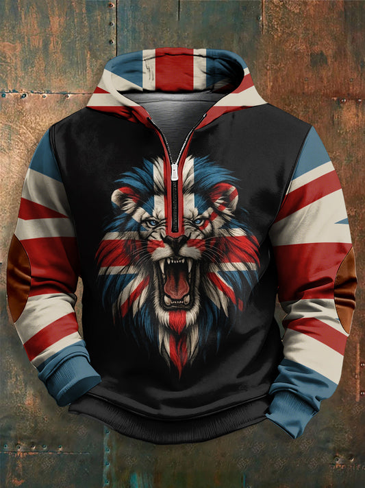 Men's UK Flag Lion Printed Long Sleeve Hoodie