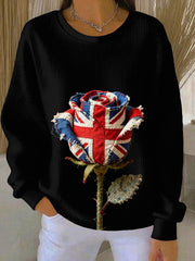 Women's british patchwork Rose Printed Ribbed Round-Neck Sweatshirt-1