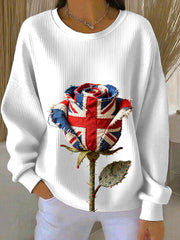 Women's british patchwork Rose Printed Ribbed Round-Neck Sweatshirt-2