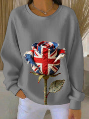 Women's british patchwork Rose Printed Ribbed Round-Neck Sweatshirt-3