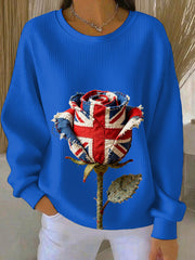 Women's british patchwork Rose Printed Ribbed Round-Neck Sweatshirt-4
