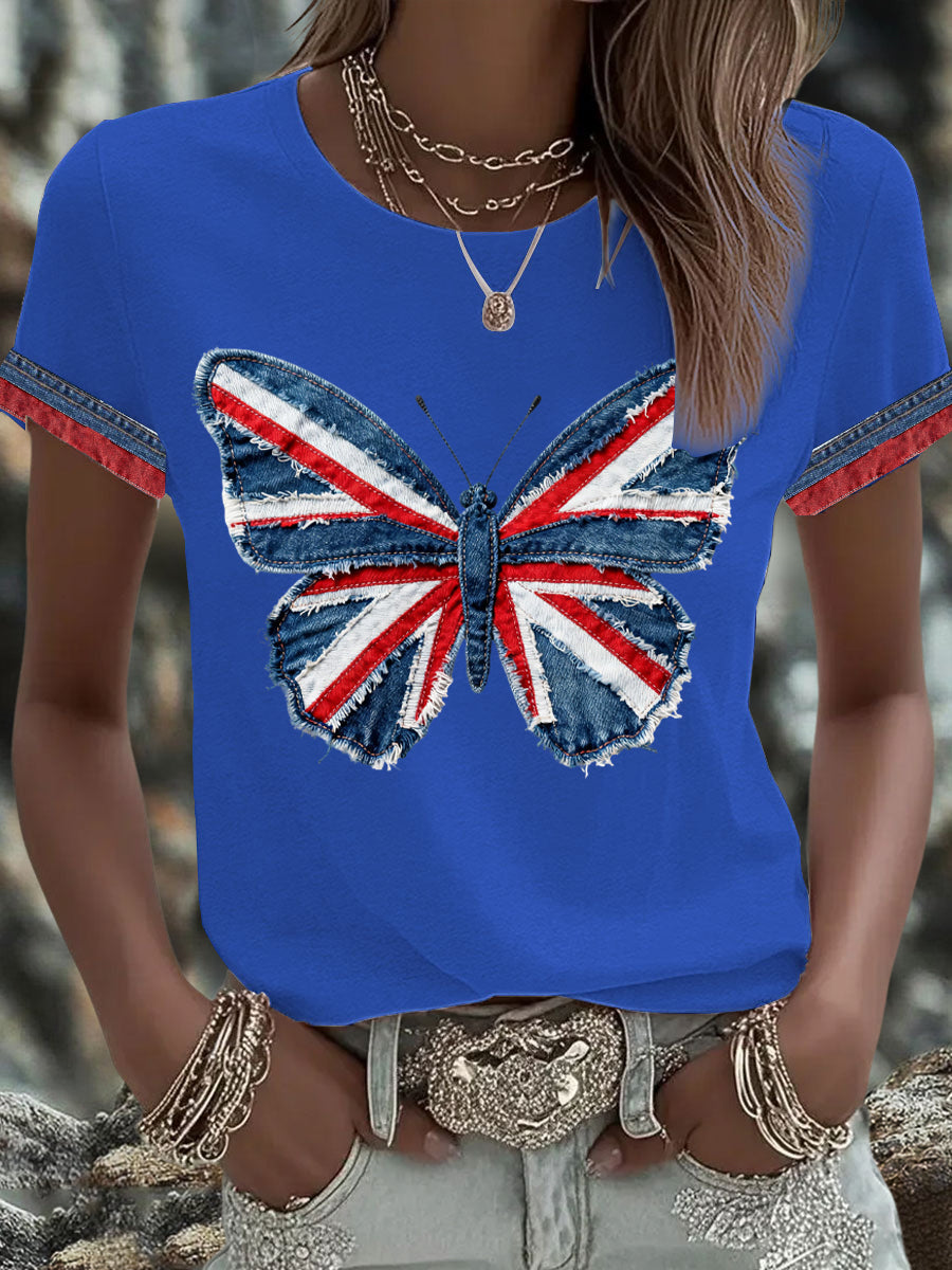 Women's British Faux Denim Printed T-shirt-3