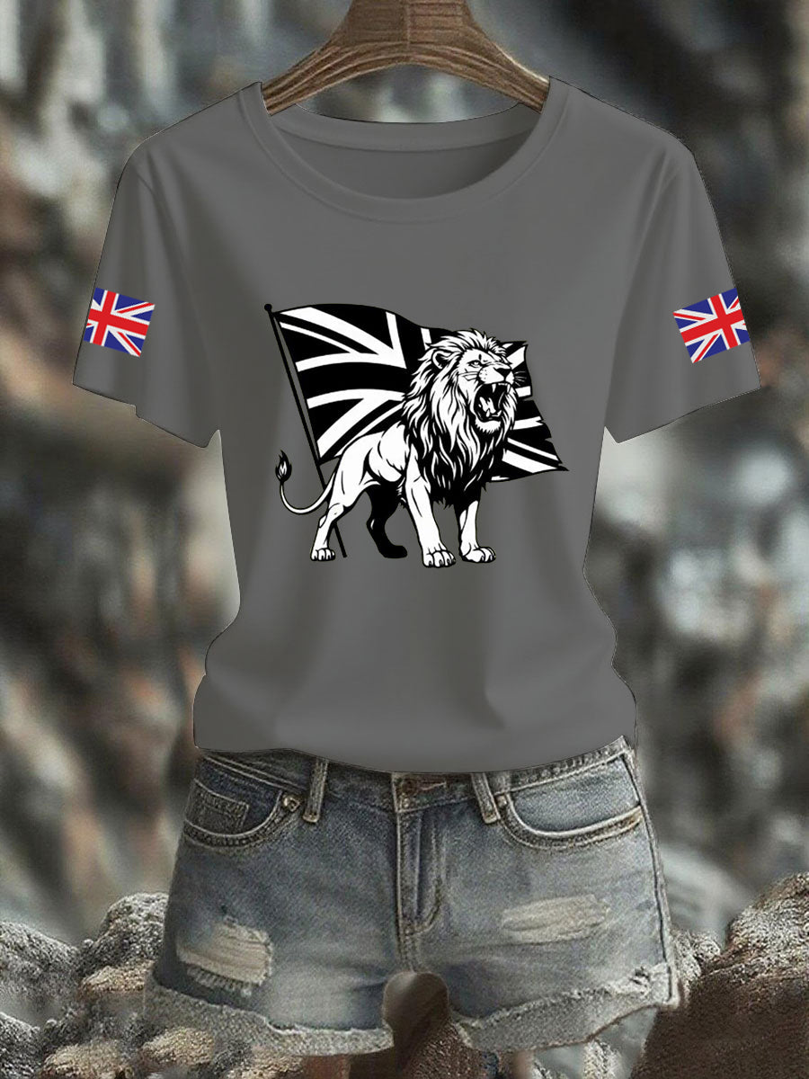 Women's Vintage England Flag Lion Printed T-shirt-2