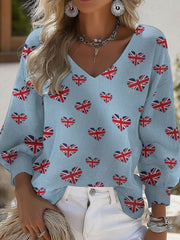 Women's British Flag Heart Printed V-Neck Casual Long Sleeve Shirt