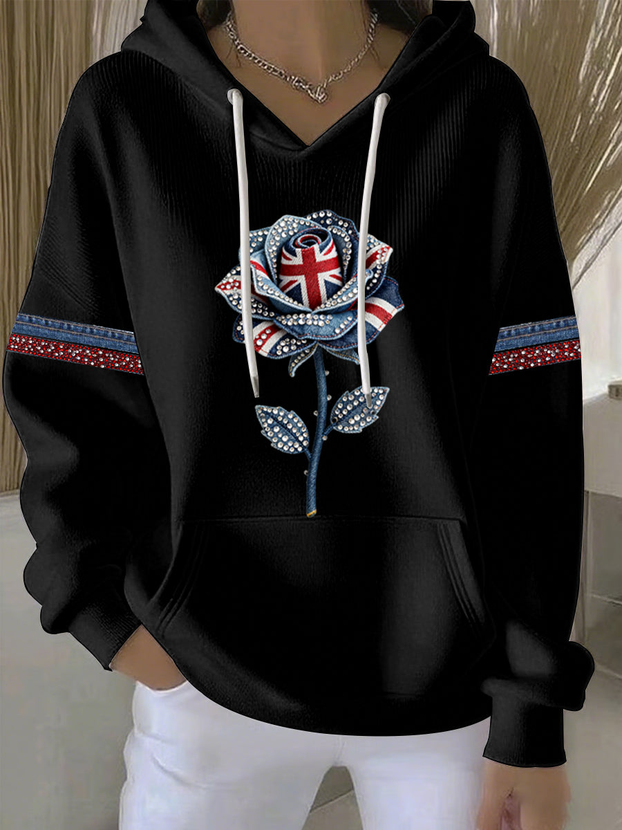 Women's British style imitation denim rhinestone hot-drill Print Casual Hoodie-1